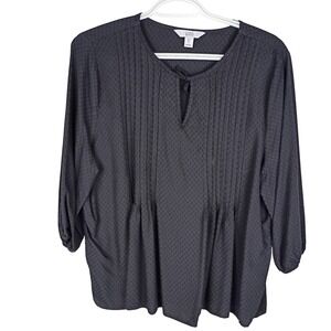 Croft & Barrow Womens Petite Large Black Pintuck Dobby Rayon Blouse 3/4 Sleeve